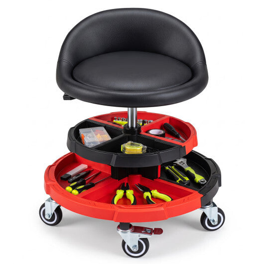360? Rolling Mechanic Stool with 2 Tool Storage Trays-Red W2B