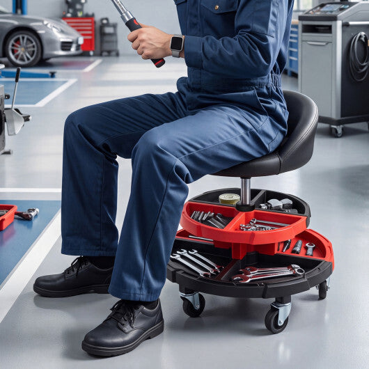 360? Rolling Mechanic Stool with 2 Tool Storage Trays-Red W2B