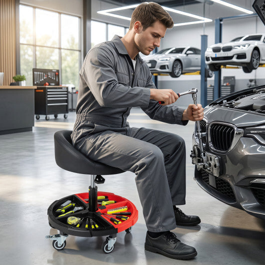 360? Rolling Mechanic Stool with 1 Tool Storage Tray-Red W2B