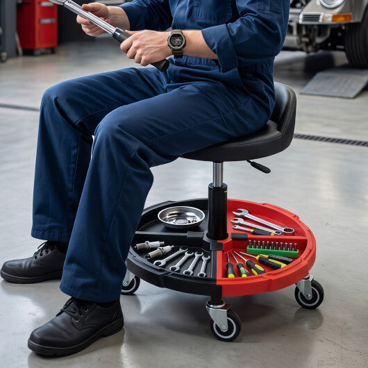 360? Rolling Mechanic Stool with 1 Tool Storage Tray-Red W2B
