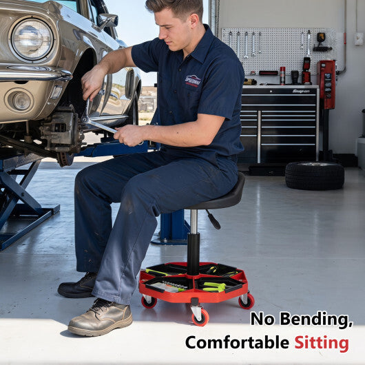 Height Adjustable Garage Seat with and PU Leather Seat Cushion-Blackred W2B