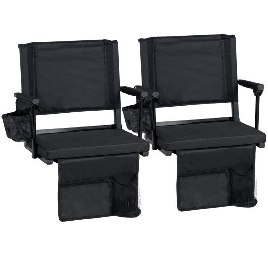 Set of 2 Folding Stadium Seat with Cup Holders and Pockets-Black W2B