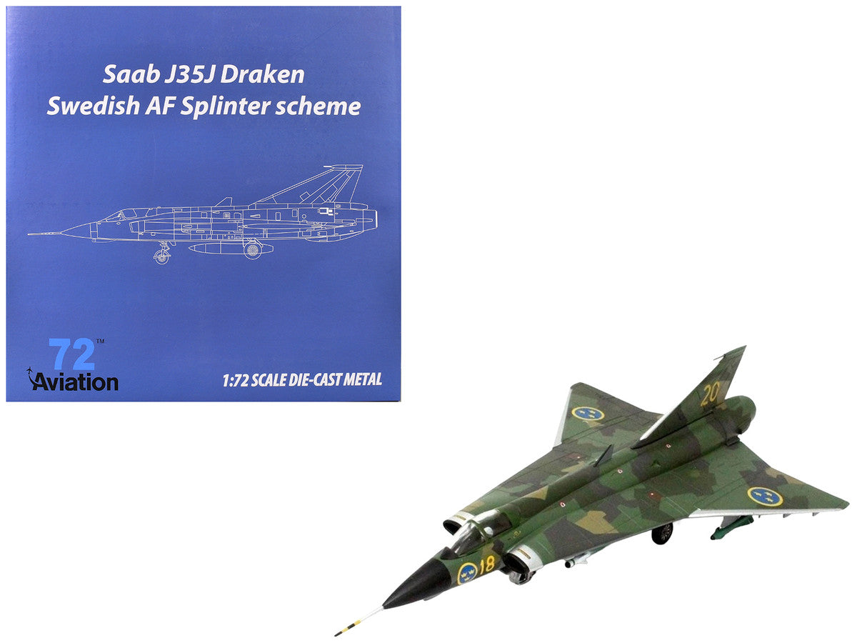 Saab J35J Draken Fighter Aircraft "Splinter Camouflage Scheme F 18 Sodertorn Wing" (1972) Swedish Air Force 1/72 Diecast Model Airplane by Aviation 72 Aviation 72