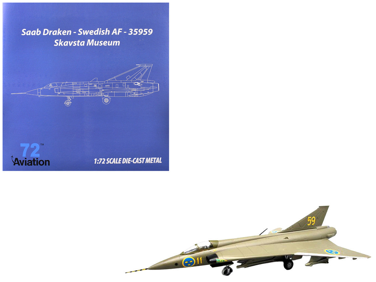 Saab S35 Draken Fighter Aircraft "59 F 11 Wing Skavsta Museum" (1979) Swedish Air Force 1/72 Diecast Model Airplane by Aviation 72 Aviation 72