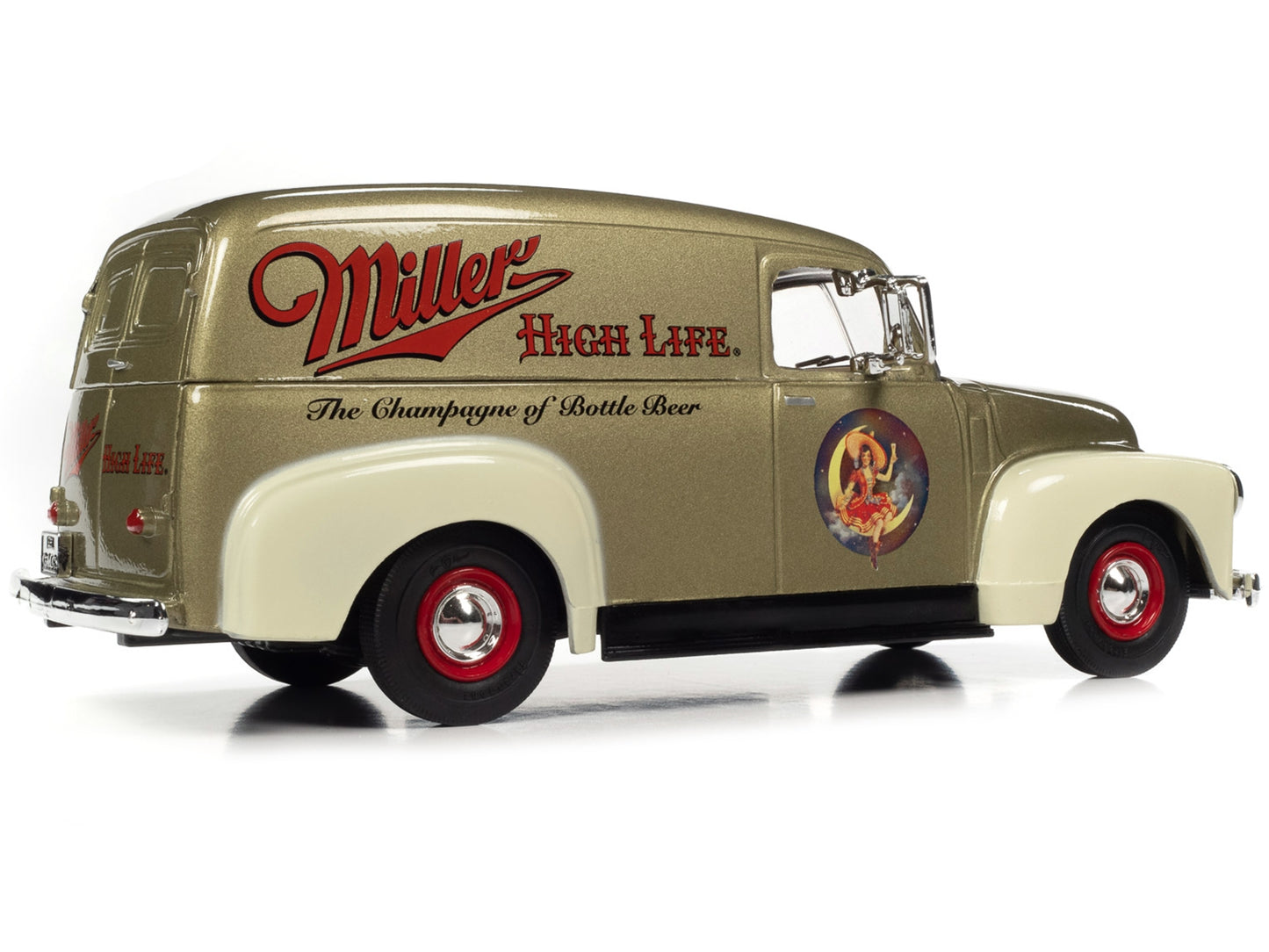 1951 GMC Sedan Delivery Gold Metallic and Beige "Miller High Life" and "Miller Girl in the Moon" Resin Figure 1/25 Diecast Model Car by Auto World