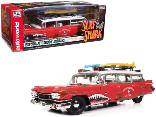 1959 Cadillac Eldorado Ambulance Red with White Top "Malibu Beach Rescue" (Weathered) with Surfboards on Roof "Surf Shark" 1/18 Diecast Model Car by Auto World Autoworld