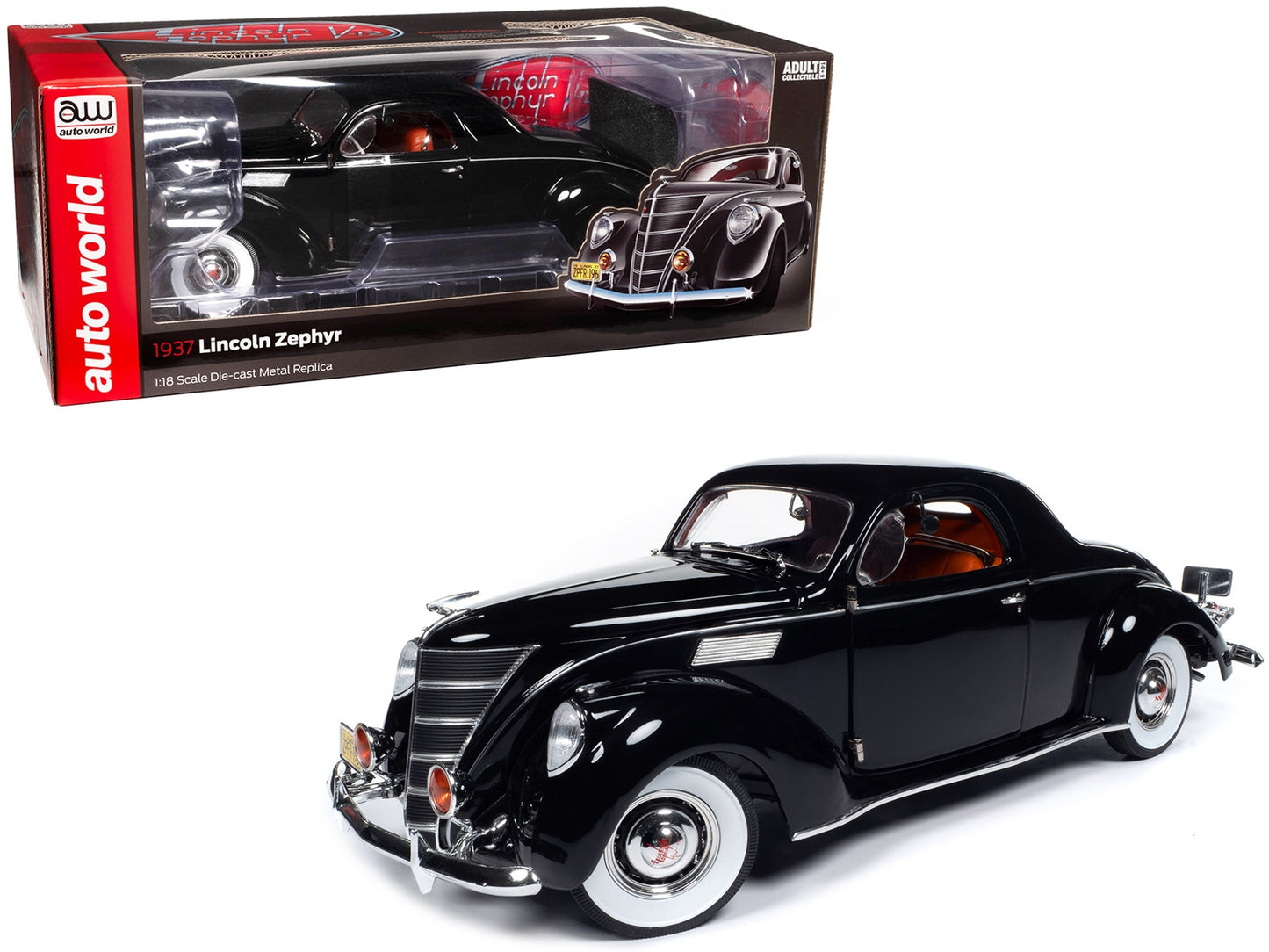 1937 Lincoln Zephyr Black with Red Interior 1/18 Diecast Model Car by Auto World