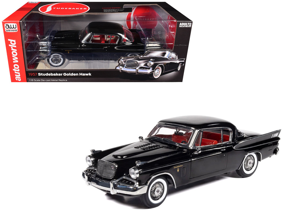 1957 Studebaker Golden Hawk Midnight Black with Red Interior 1/18 Diecast Model by Auto World Autoworld