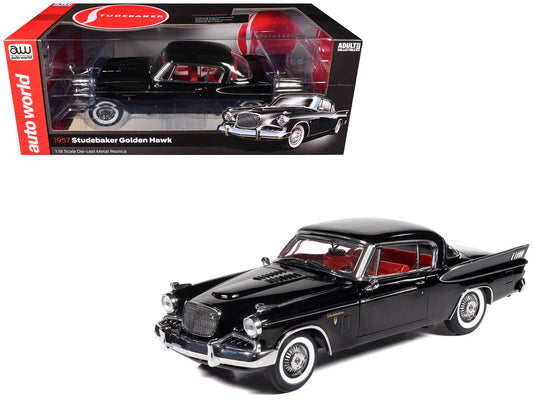 1957 Studebaker Golden Hawk Midnight Black with Red Interior 1/18 Diecast Model by Auto World Autoworld