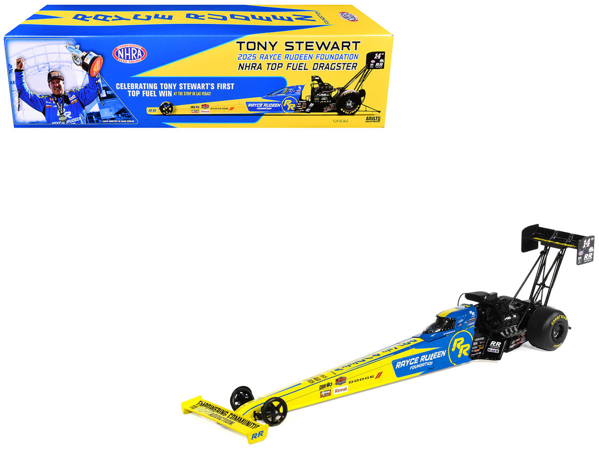 NHRA TFD (Top Fuel Dragster) #14TF Tony Stewart "Rayce Rudeen Foundation" Blue and Yellow (2025) 1/24 Diecast Model by Auto World Autoworld