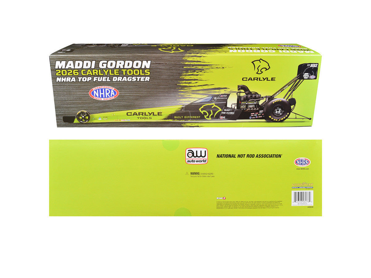 NHRA TFD (Top Fuel Dragster) #TF100 Maddi Gordon "Carlyle Tools" Green and Black (2026) 1/24 Diecast Model Car Auto World Autoworld