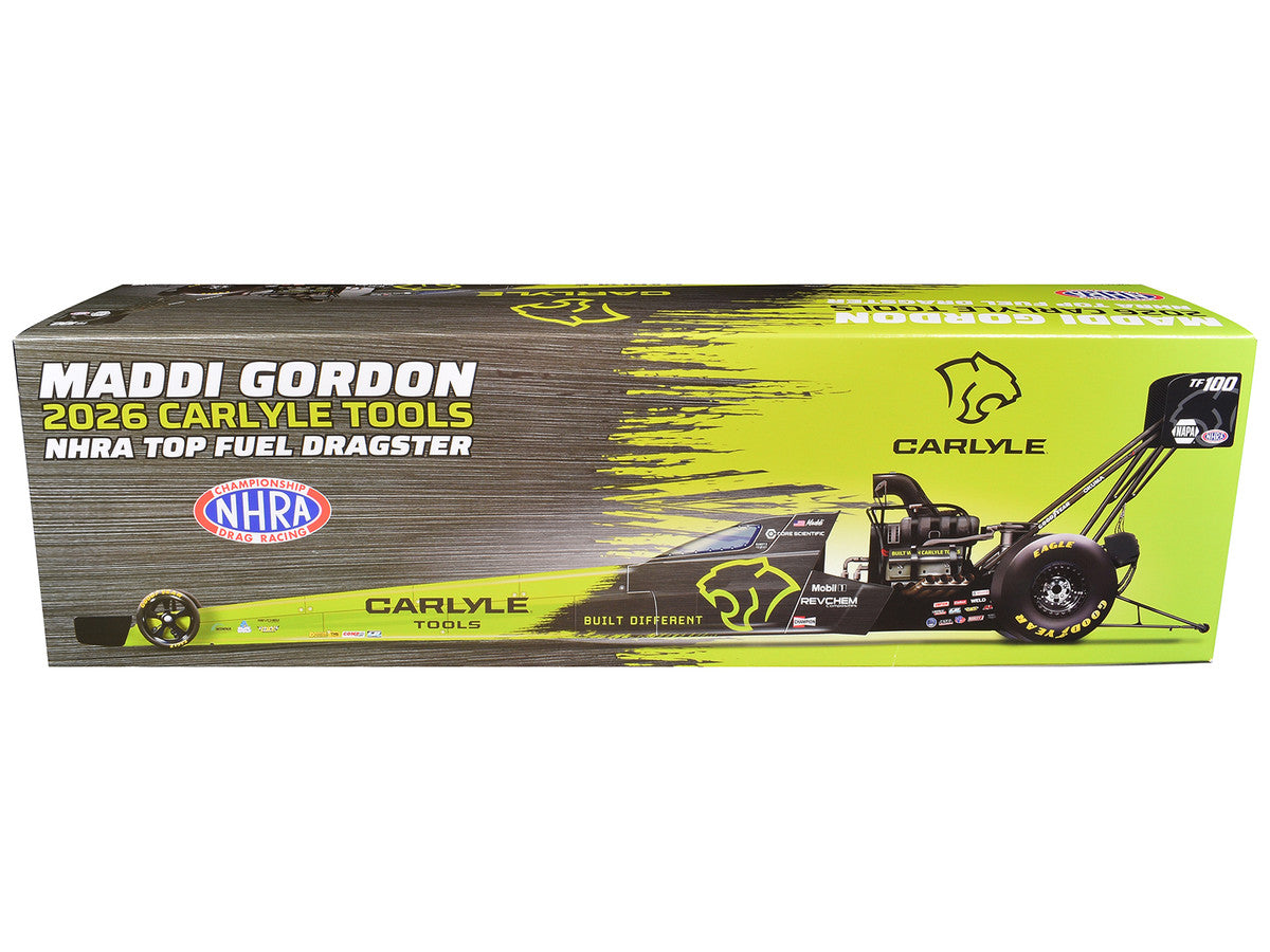 NHRA TFD (Top Fuel Dragster) #TF100 Maddi Gordon "Carlyle Tools" Green and Black (2026) 1/24 Diecast Model Car Auto World Autoworld