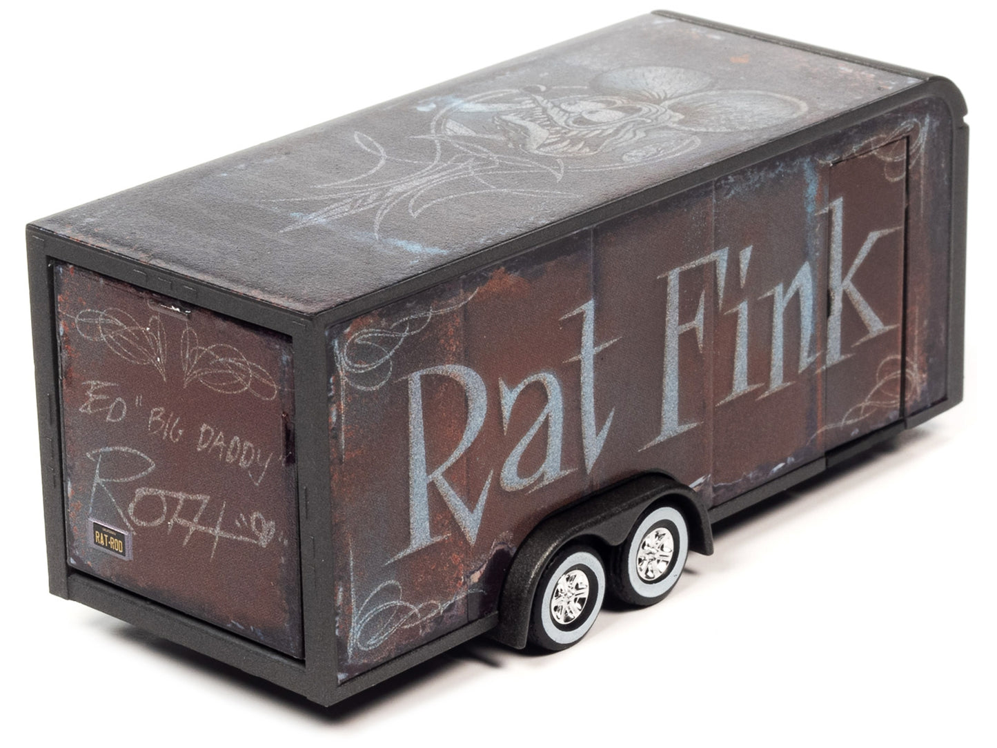 4-Wheel Enclosed Car Trailer Dark Gray with Graphics "Rat Fink" 1/64 Diecast Model by Auto World