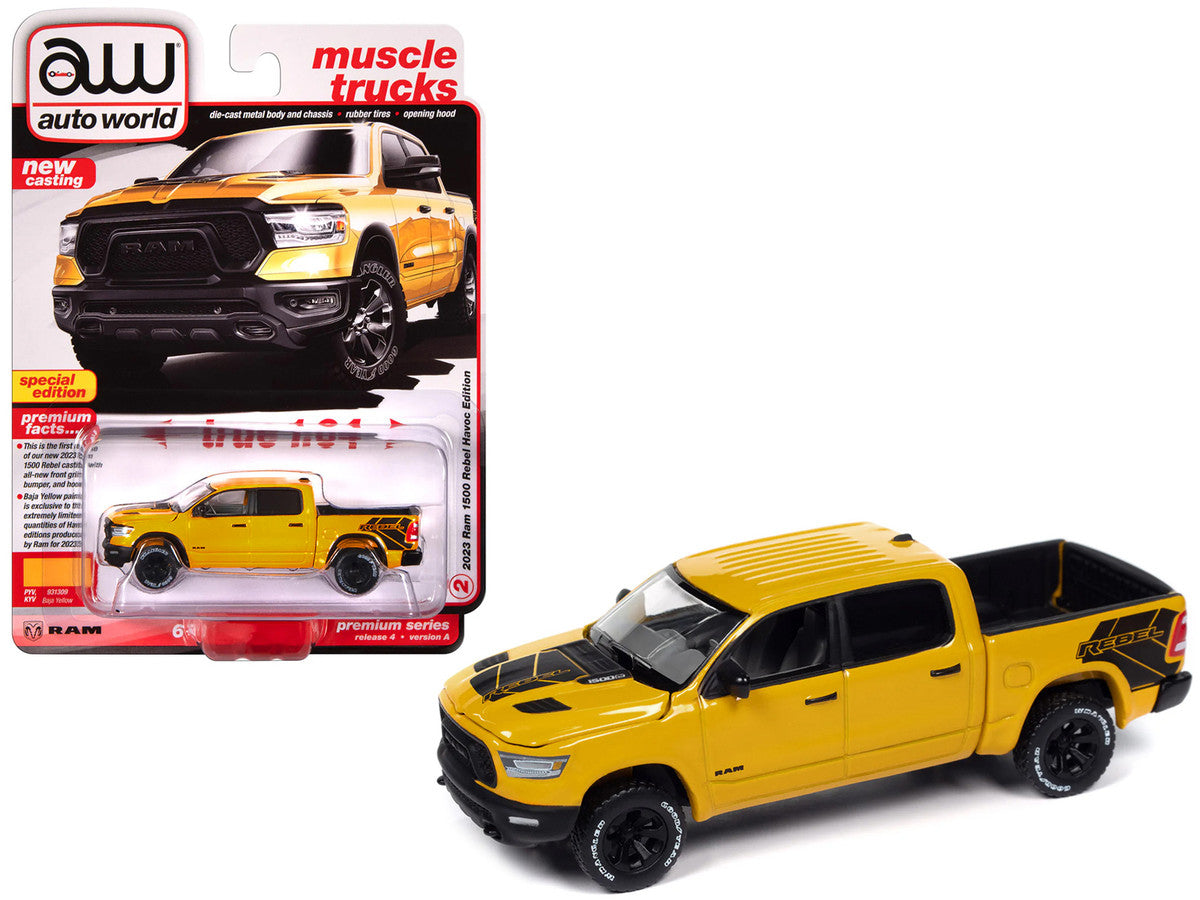 2023 Ram 1500 Rebel Havoc Edition Pickup Truck Baja Yellow "Muscle Trucks" Series 1/64 Diecast Model Car by Auto World-0