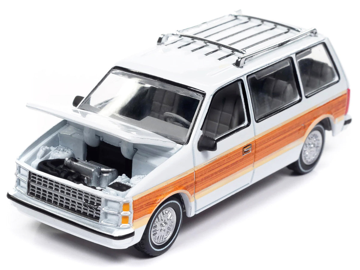 1985 Dodge Caravan Van White with Woodgrain Side Panels "Mighty Minivans" Series 1/64 Diecast Model Car by Auto World-1