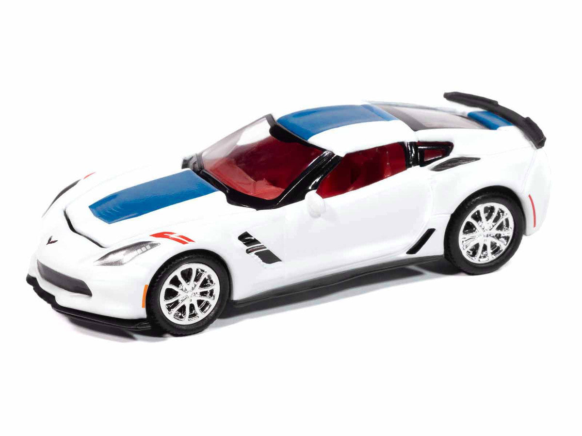2018 Chevrolet Corvette Grand Sport Arctic White with Blue Stripe and Red Interior "Sports Cars" Series 1/64 Diecast Model Car by Auto World Autoworld