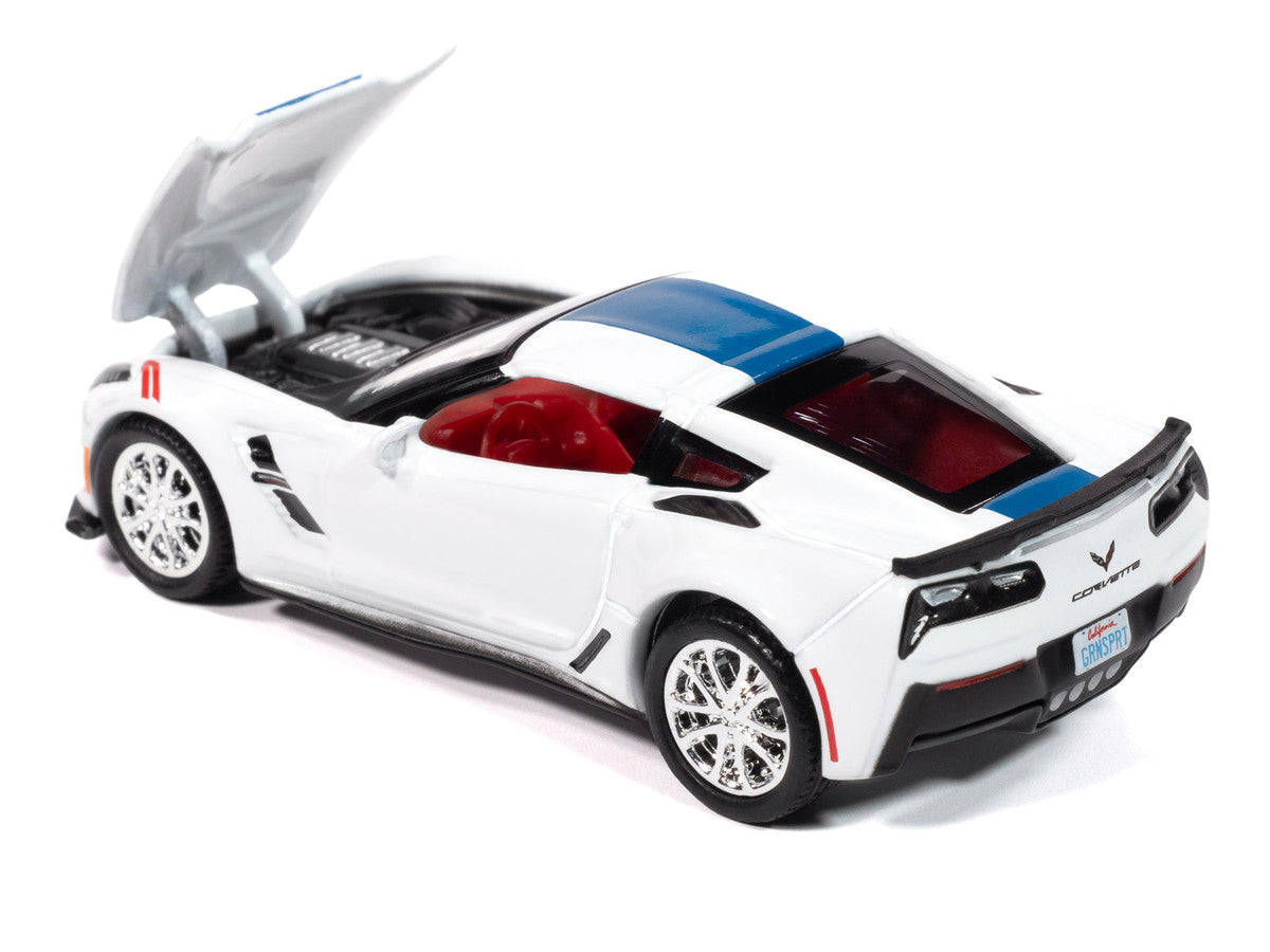 2018 Chevrolet Corvette Grand Sport Arctic White with Blue Stripe and Red Interior "Sports Cars" Series 1/64 Diecast Model Car by Auto World Autoworld