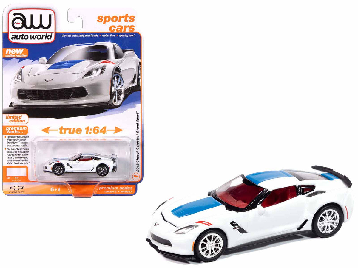 2018 Chevrolet Corvette Grand Sport Arctic White with Blue Stripe and Red Interior "Sports Cars" Series 1/64 Diecast Model Car by Auto World Autoworld