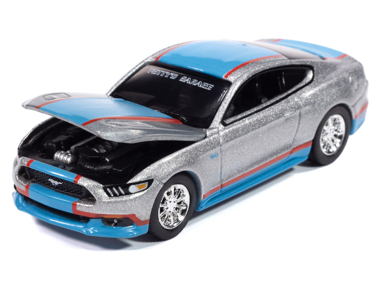2017 Ford Mustang GT Tribute Edition "Petty's Garage" Ingot Silver Metallic with Petty Blue and Red Stripes "Modern Muscle" Series 1/64 Diecast Model Car by Auto World Autoworld