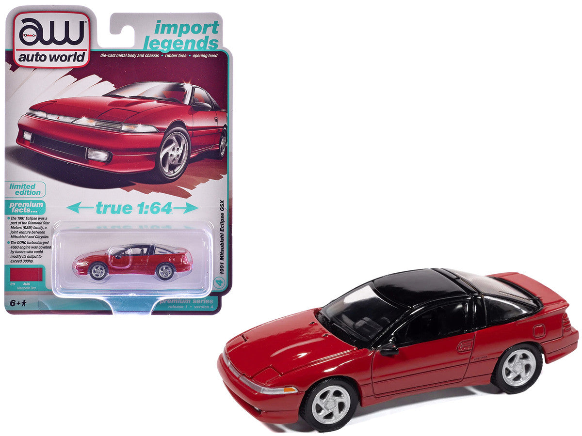 1991 Mitsubishi Eclipse GSX Maranello Red with Black Top "Import Legends" Series 1/64 Diecast Model Car by Auto World Autoworld