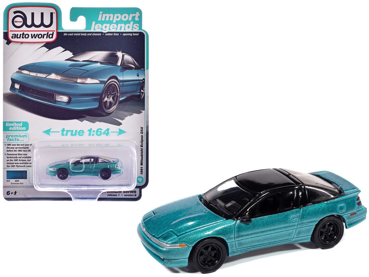 1991 Mitsubishi Eclipse GSX Tennessee Blue Metallic with Black Top "Import Legends" Series 1/64 Diecast Model Car by Auto World Autoworld