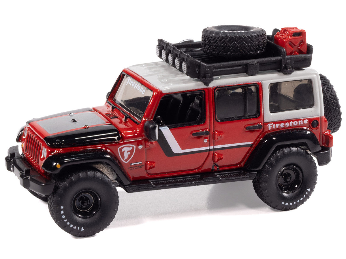 2018 Jeep Wrangler JK Unlimited Sport "Firestone Field Agent" Red with Graphics and Gray Top with Roof Rack "Big Country Collectibles" 2025 Series 1/64 Diecast Model Car by Auto World Autoworld