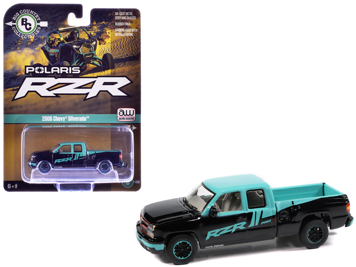 2006 Chevrolet Silverado Pickup Truck "Polaris RZR" Black and Blue "Big Country Collectibles" 2025 Series 1/64 Diecast Model Car by Auto World Autoworld
