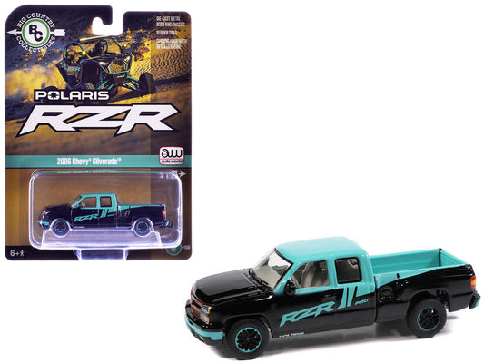 2006 Chevrolet Silverado Pickup Truck "Polaris RZR" Black and Blue "Big Country Collectibles" 2025 Series 1/64 Diecast Model Car by Auto World Autoworld