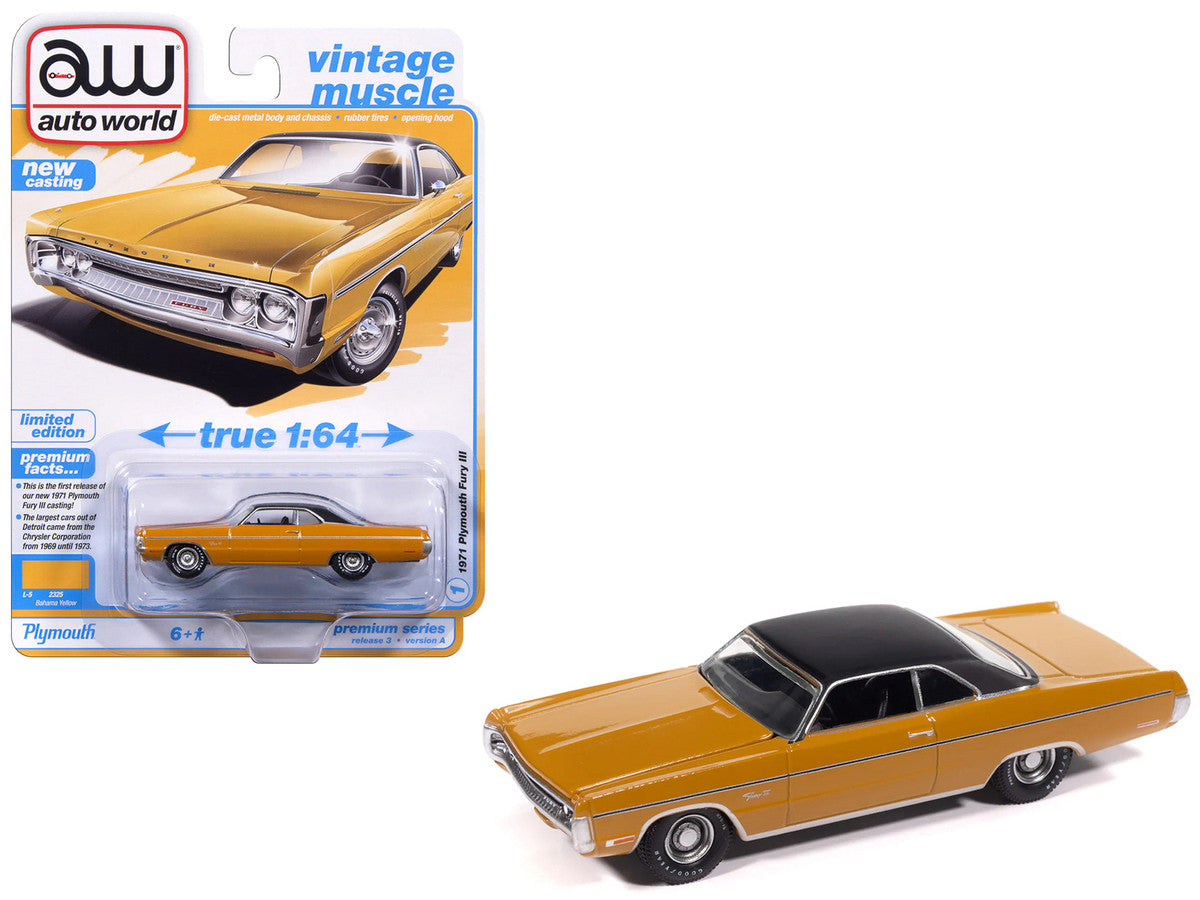 1971 Plymouth Fury III Bahama Yellow with Black Top "Vintage Muscle" Series 1/64 Diecast Model Car by Auto World-2