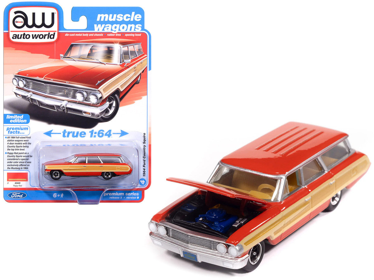 1964 Ford Country Squire Poppy Red with Woodgrain Sides "Muscle Wagons" Series 1/64 Diecast Model Car by Auto World-0