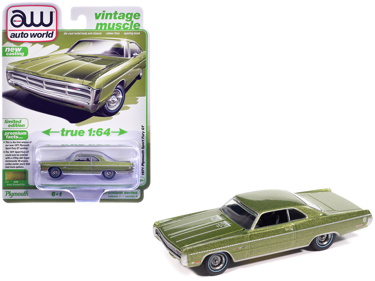 1971 Plymouth Sport Fury GT Amber Sherwood Green Metallic with White Graphics "Vintage Muscle" Series 1/64 Diecast Model Car by Auto World-0