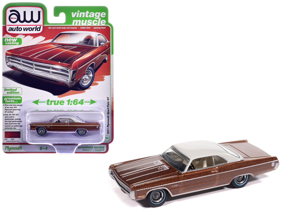 1971 Plymouth Sport Fury GT Autumn Bronze Metallic with White Graphics and Top "Vintage Muscle" Series 1/64 Diecast Model Car by Auto World-0