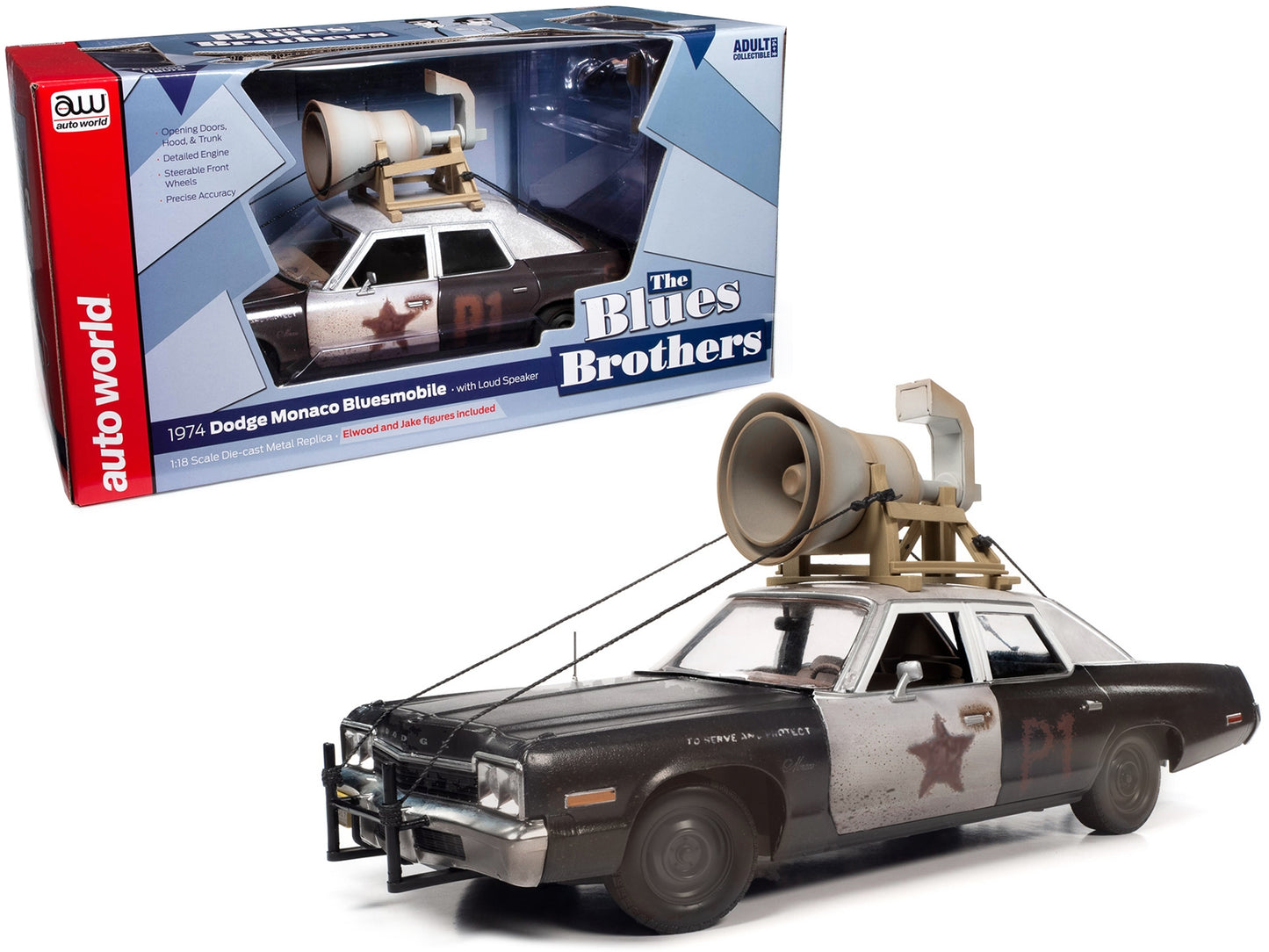 1974 Dodge Monaco "Bluesmobile" with Loud Speaker Black and White (Dirty) with Jake and Elwood Blues Figures "The Blues Brothers" (1980) Movie 1/18 Diecast Model Car by Auto World