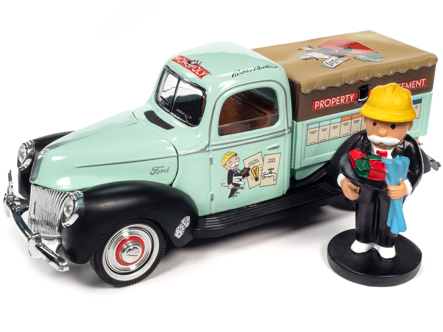 1940 Ford Pickup Truck "Property Management" Light Green with Graphics and Mr. Monopoly Construction Resin Figure "Monopoly" 1/18 Diecast Model Car by Auto World