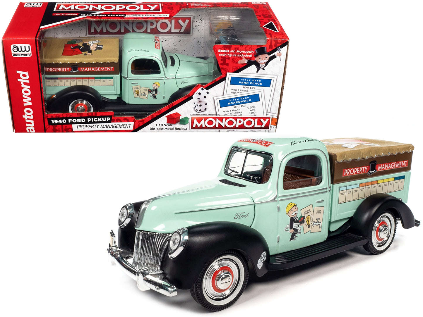 1940 Ford Pickup Truck "Property Management" Light Green with Graphics and Mr. Monopoly Construction Resin Figure "Monopoly" 1/18 Diecast Model Car by Auto World