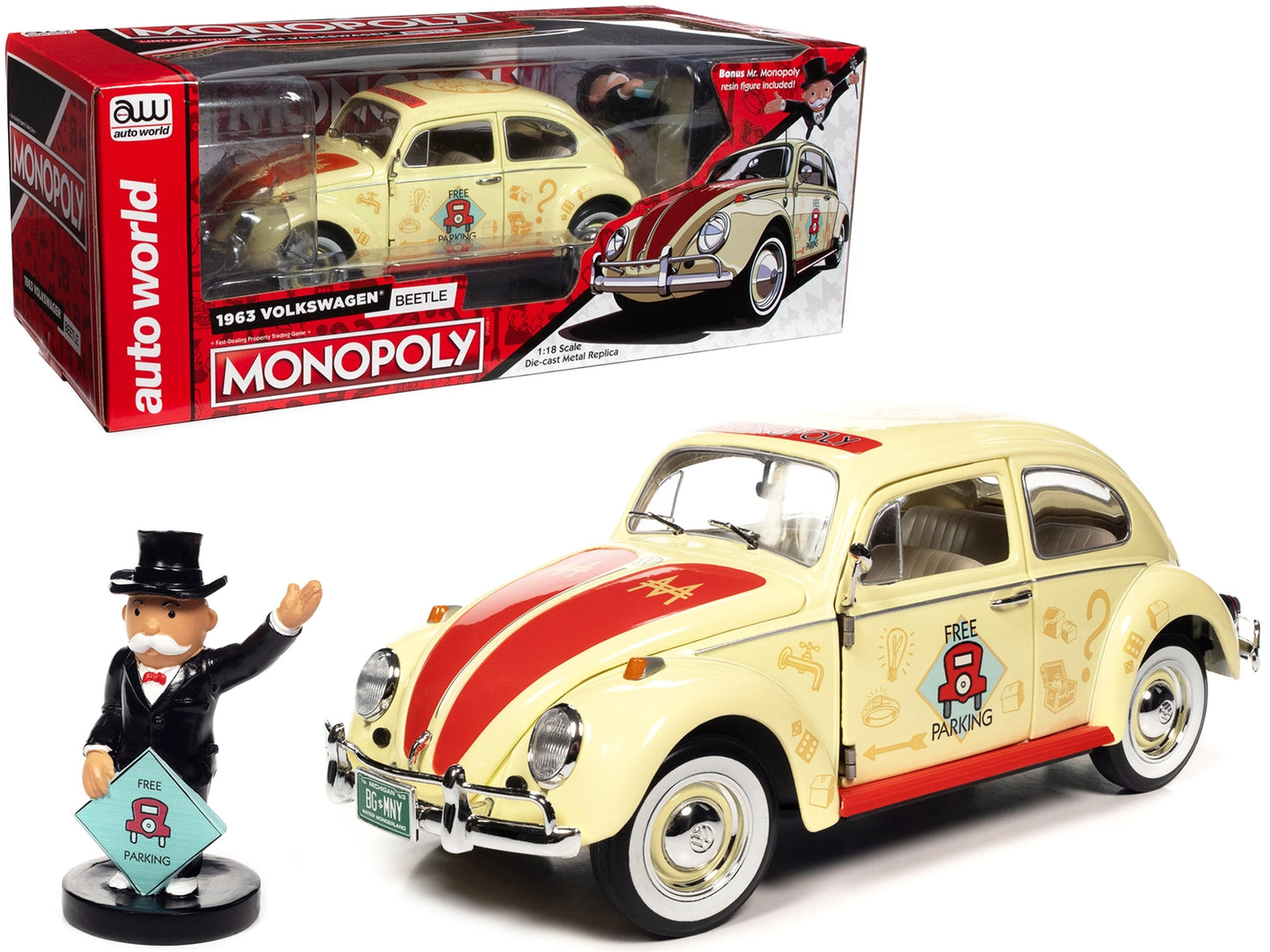 1963 Volkswagen Beetle Yukon Yellow with "Monopoly" Graphics "Free Parking" and Mr. Monopoly Resin Figure 1/18 Diecast Model Car by Auto World