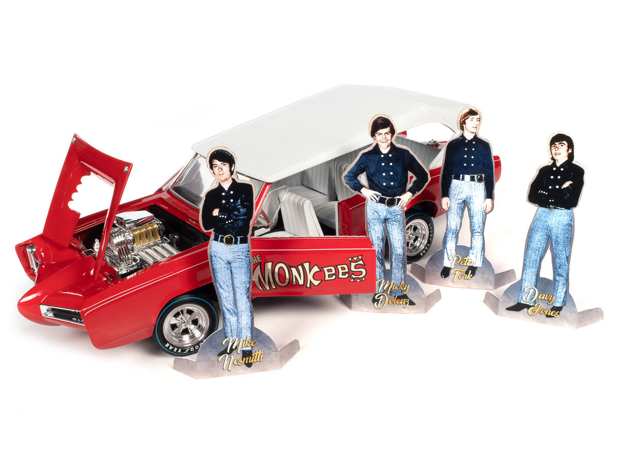 Monkeemobile Red with White Top and Interior "The Monkees" with Four Monkees Figure Cutouts "Silver Screen Machines" Series 1/18 Diecast Model Car by Auto World Autoworld