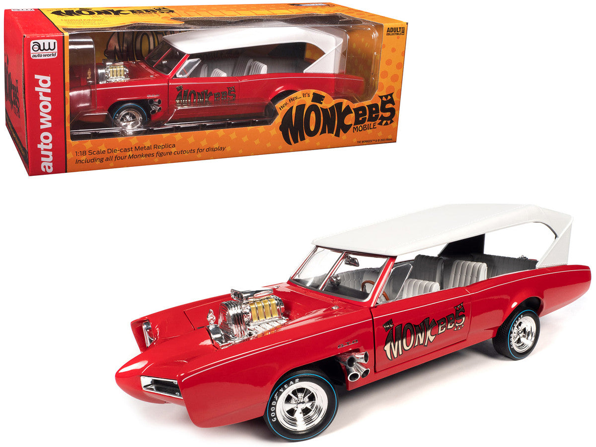 Monkeemobile Red with White Top and Interior "The Monkees" with Four Monkees Figure Cutouts "Silver Screen Machines" Series 1/18 Diecast Model Car by Auto World Autoworld