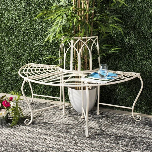 Half-Circle Outdoor Patio Garden Antique White Wrought Iron Tree Bench FastFurnishings