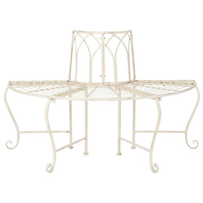 Half-Circle Outdoor Patio Garden Antique White Wrought Iron Tree Bench FastFurnishings