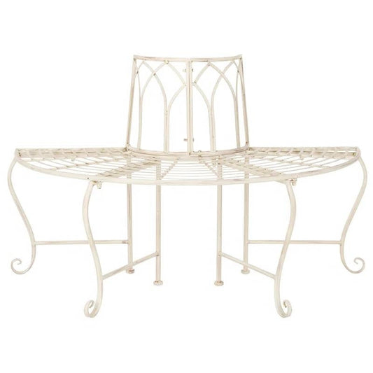 Half-Circle Outdoor Patio Garden Antique White Wrought Iron Tree Bench FastFurnishings