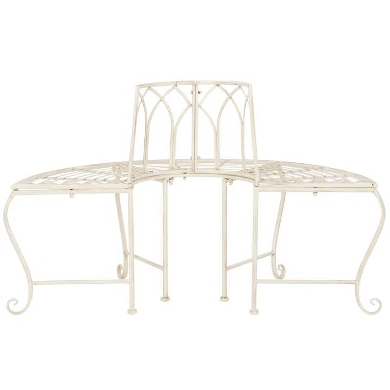 Half-Circle Outdoor Patio Garden Antique White Wrought Iron Tree Bench FastFurnishings