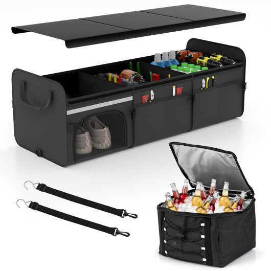 18 Gal Car Trunk Organizer with Lid 3-Compartment Portable Storage Box-Black W2B