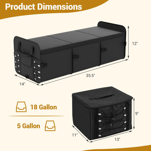 18 Gal Car Trunk Organizer with Lid 3-Compartment Portable Storage Box-Black W2B