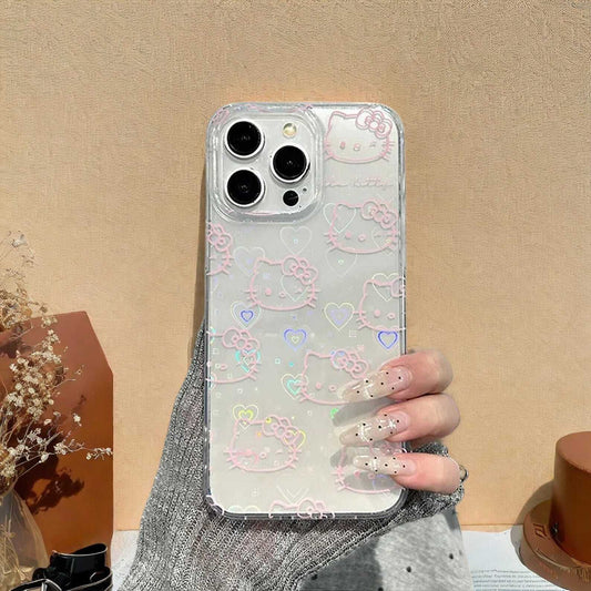 Cute Kitty Bow Kawaii Holder Case for Samsung S25 S24  S23 S22 S21 Cute Bow Laser Protective Cover with Handy Grip Holder W2B