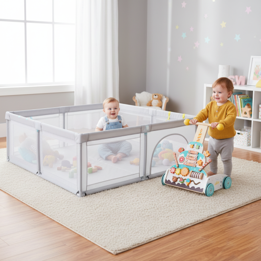 Wooden Baby Walker and Large Infant Playpen Bundle W2B