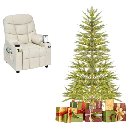 6.5FT Pre-Lit Christmas Tree & Beige Kids Recliner Chair Set  Cozy Holiday Bundle W2B