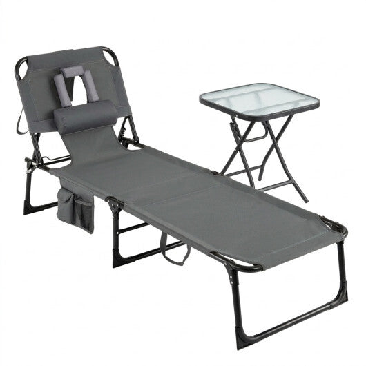 2-Piece Outdoor Tanning Chair and Patio Side Table Set with Folding Lounge Chair and Square Bistro Table W2B