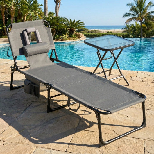 2-Piece Outdoor Tanning Chair and Patio Side Table Set with Folding Lounge Chair and Square Bistro Table W2B