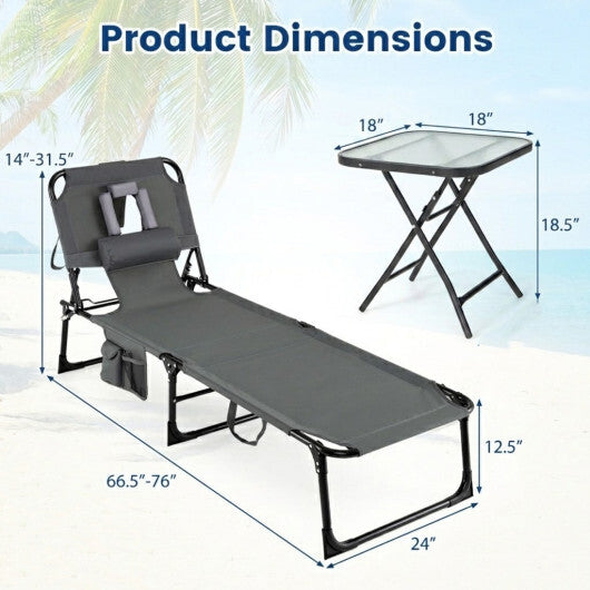2-Piece Outdoor Tanning Chair and Patio Side Table Set with Folding Lounge Chair and Square Bistro Table W2B